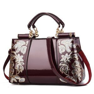 Classic Shiny Patent Pu Textured Handbags Embroidery Crossbody Bags Fashion